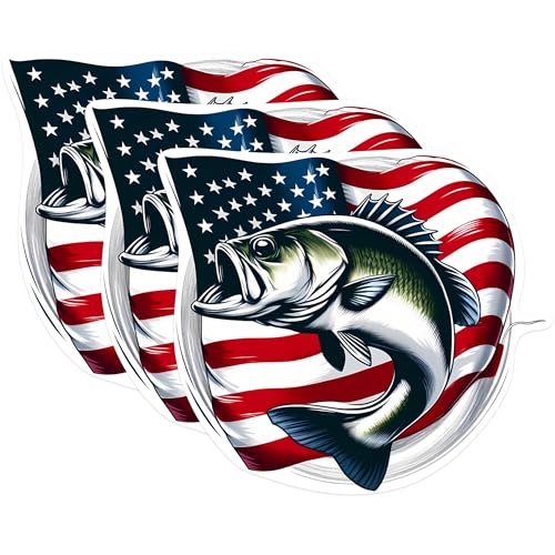 (3 Pack) Bass Fishing Decals - American Flag - Patriotic Angler - Fishing Decals - 3 Inches On Longest Side - Easy Peel & Apply - Made in USA - 3MCS1083