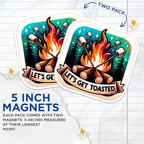 (2 Pack) Let's Get Toasted Magnets - Campfire Magnets - Marshmallow Magnets - Campout Decor - 5" On Longest Side - for Cars, Fridges, Toolboxes - Made in USA - MAG7011