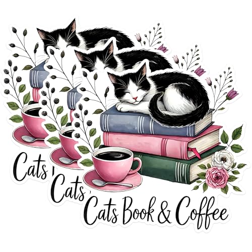 (3 Pack) Cat Book Coffee Decals - Laptop Decals - Planner Stickers - 3 Inches On Longest Side - Easy Peel & Apply - Made in USA - 3MCS1564