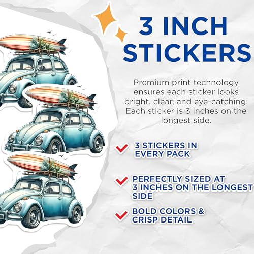 (3 Pack) VW Beetle Decals - Surfboard Car - Retro Car Stickers - 3 Inches On Longest Side - Easy Peel & Apply - Made in USA - 3MCS8064