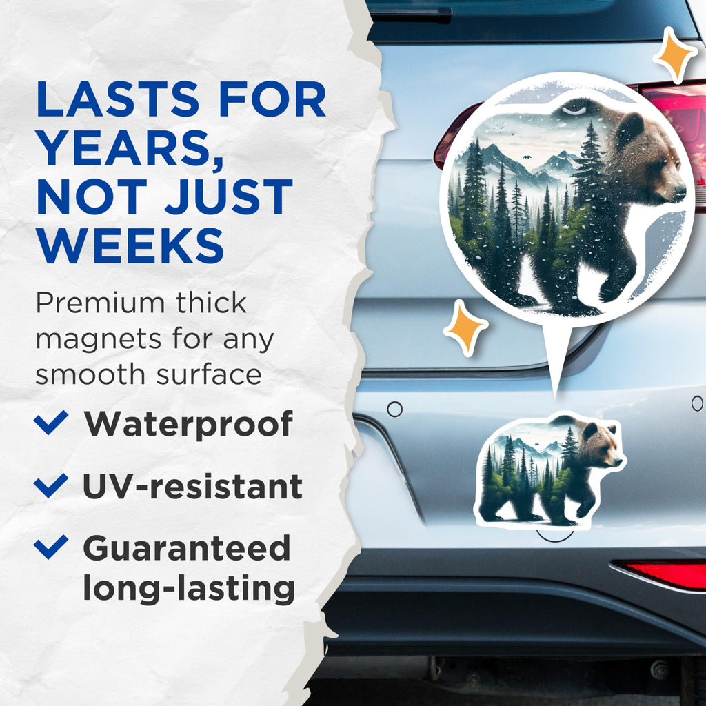 (2 Pack) Bear Magnets - Grizzly Bear Art - Mountain Landscape Fridge Magnets - 5" On Longest Side - Premium Magnet - for Cars, Refrigerators, Toolboxes, Lockers - Made in USA - MAG14156