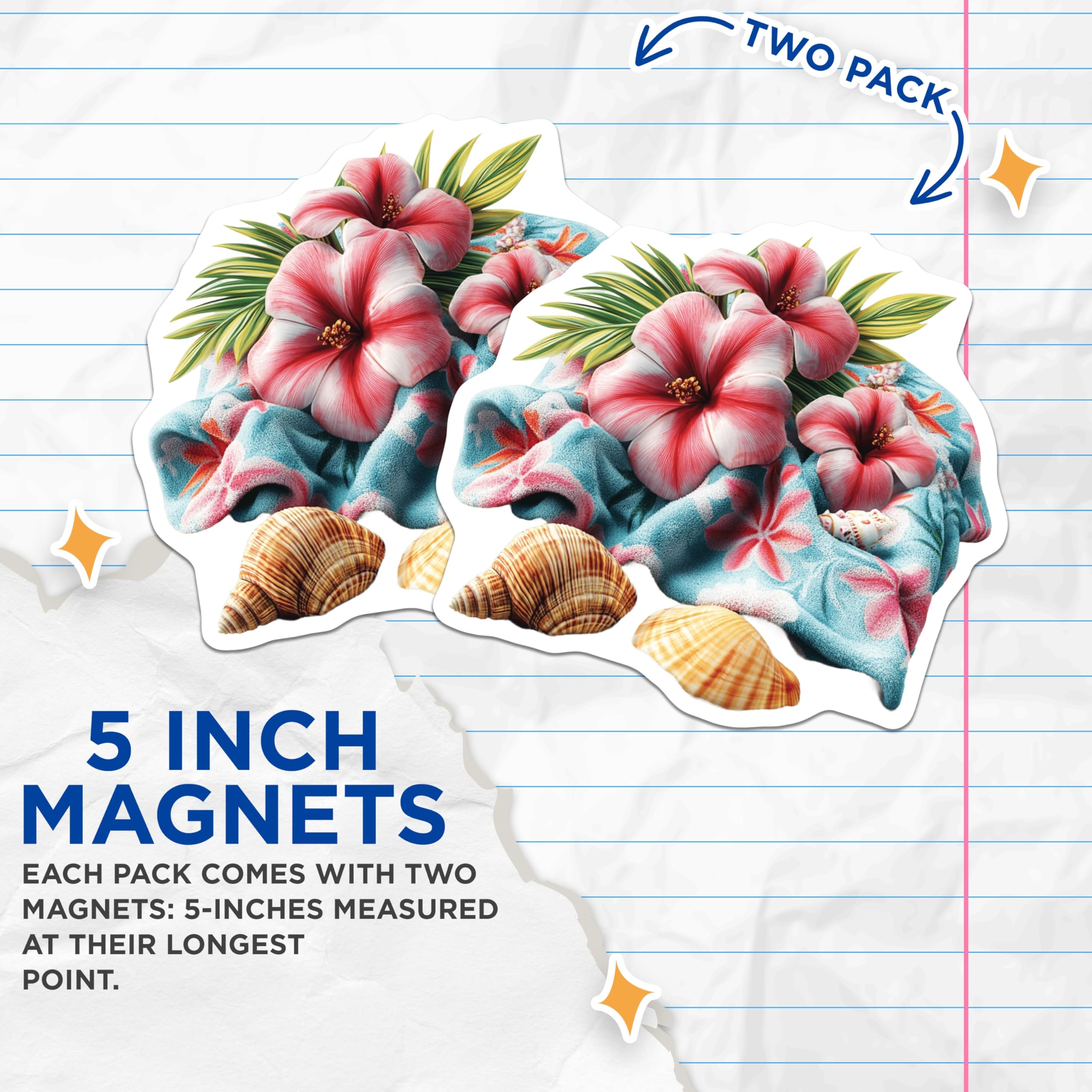 (2 Pack) Tropical Hibiscus Magnets - Beach Decor Floral - Seashell Paradise Scene - Summer Fridge Locker - 5 Inches On Longest Side - Thick Durable Magnet - Made in USA - MAG19578