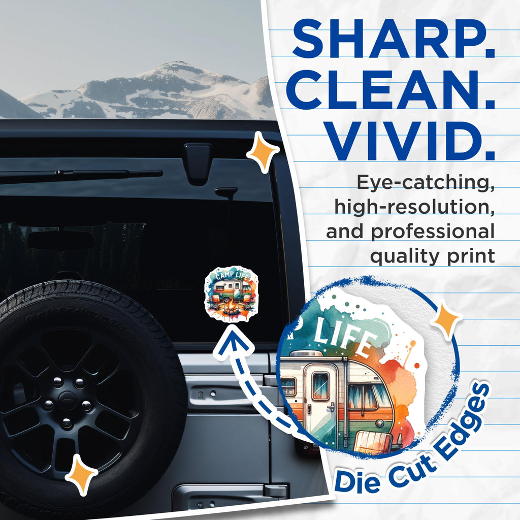 (2 Pack) Camp Life Stickers - Camping Adventure - Vintage Camper Designs - Outdoor Enthusiast Decals - 5" On Longest Side - Sticks to Smooth Flat Surfaces - Made in USA - BMCS6841