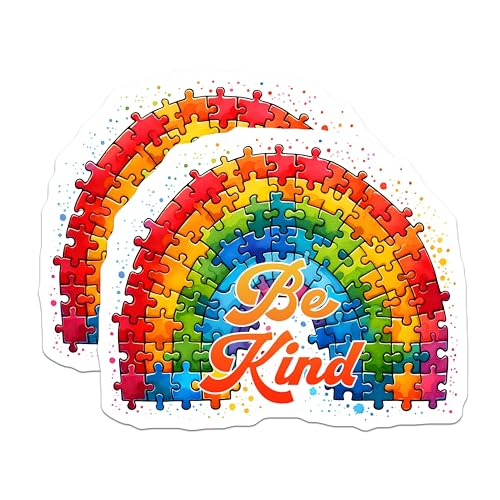 (2 Pack) Be Kind Stickers - Rainbow Puzzle - Motivational Quote - 5" On Longest Side - Sticks to Smooth Flat Surfaces - Made in USA - BMCS8123