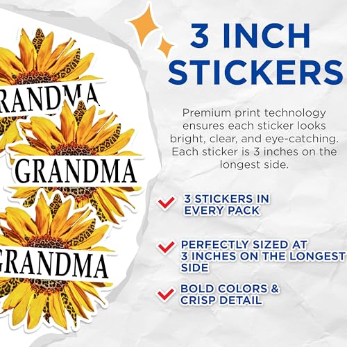 (3 Pack) Grandma Sunflower Decals - Leopard Print Floral - Grandmother Laptop Decal - 3 Inches On Longest Side - Easy Peel & Apply - Made in USA - 3MCS1737