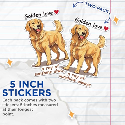 (2 Packs) Golden Love A Ray of Sunshine Always Stickers - Golden Retriever Decals - 5 Inches On Longest Side - Premium Vinyl Decal - Sticks to Any Smooth Flat Surface - Made in USA - BMCS2376