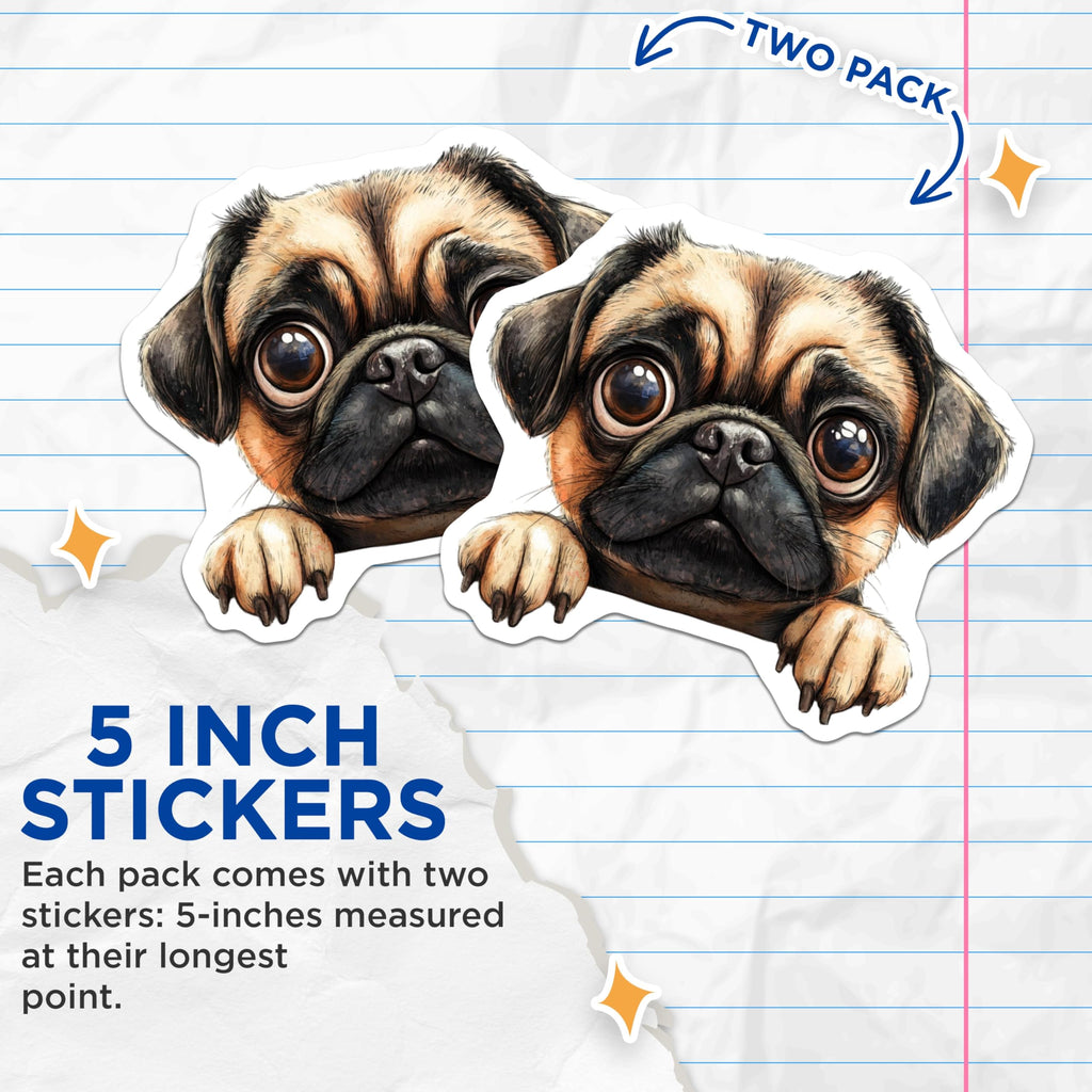 (2 Pack) Pug Stickers - Cute Dog Decal - Funny Pet Stickers - Puppy Stickers - 5" On Longest Side - Sticks to Smooth Flat Surfaces - Made in USA - BMCS14560