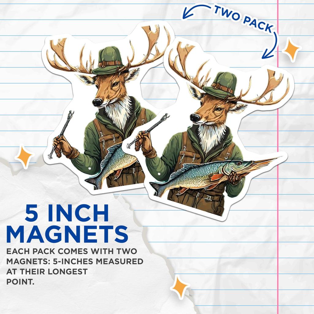 (2 Pack) Antlered Angler Magnets - Deer Fisherman Art - Outdoorsman Lodge Decor - Unique Big Game Catch Collectible - 5 Inches On Longest Side - Thick Durable Magnet - Made in USA - MAG20527