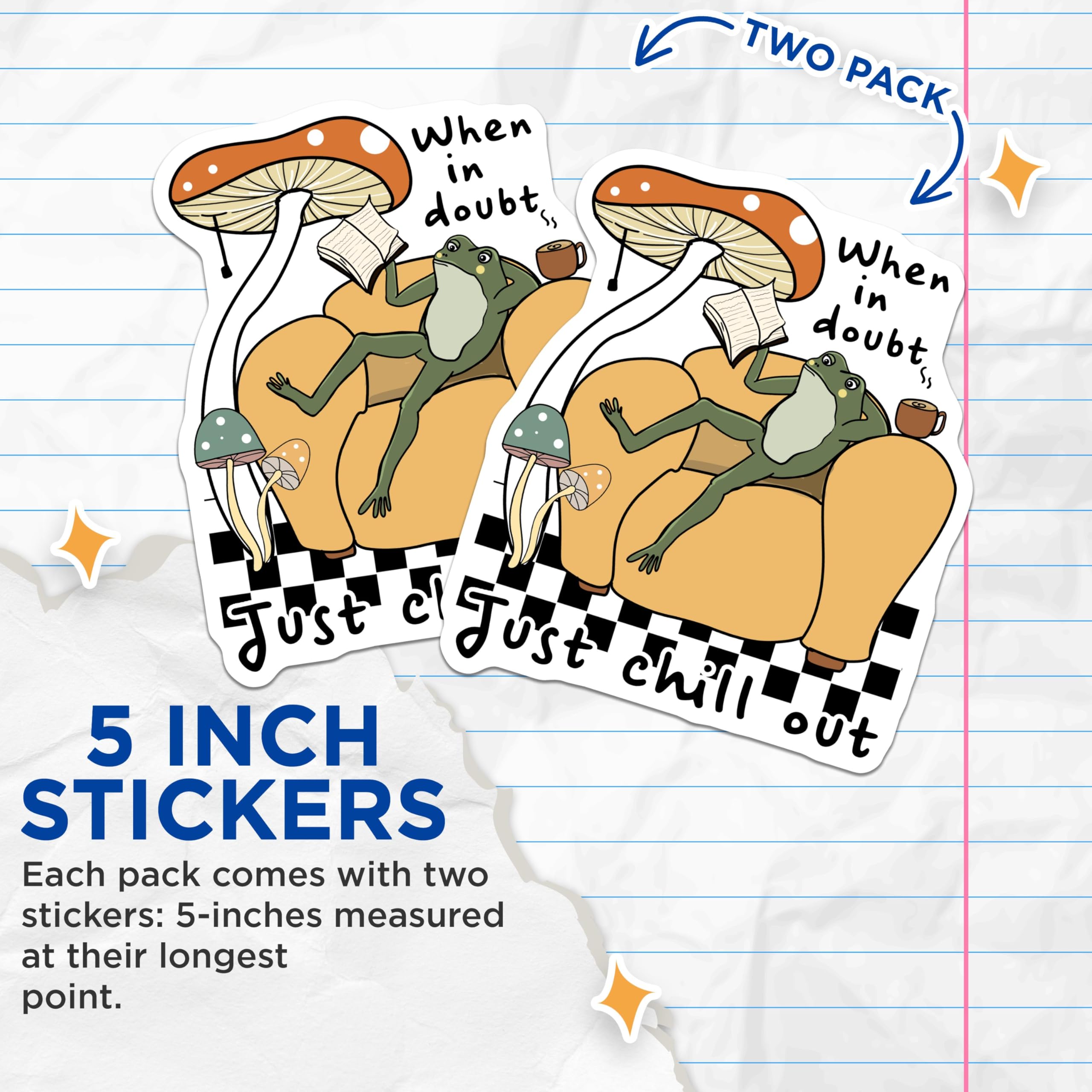 (2 Pack) Relaxing Frog Stickers - Mushroom Reading - Chill Out Sticker Pack - 5" On Longest Side - Sticks to Smooth Flat Surfaces - Made in USA - BMCS5938