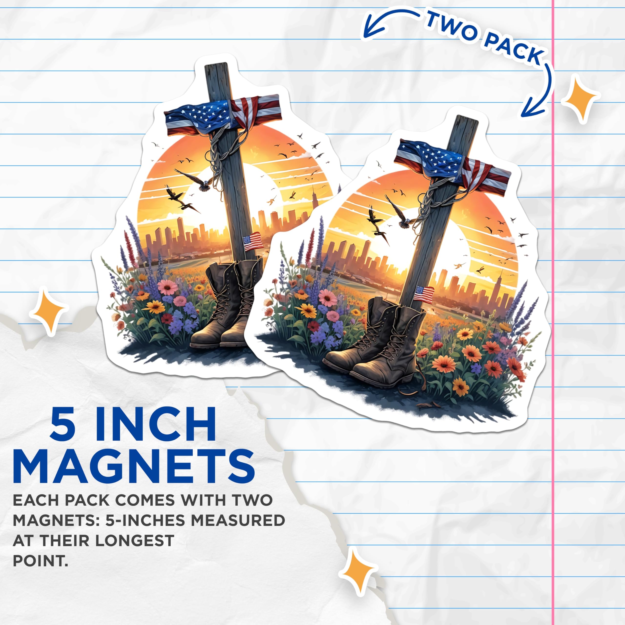 (2 Pack) Patriotic US Flag Magnets - Memorial Day - Combat Boots Flowers Sunset Art - 5" On Longest Side - Premium Magnet - for Cars, Refrigerators, Toolboxes, Lockers - Made in USA - MAG15077