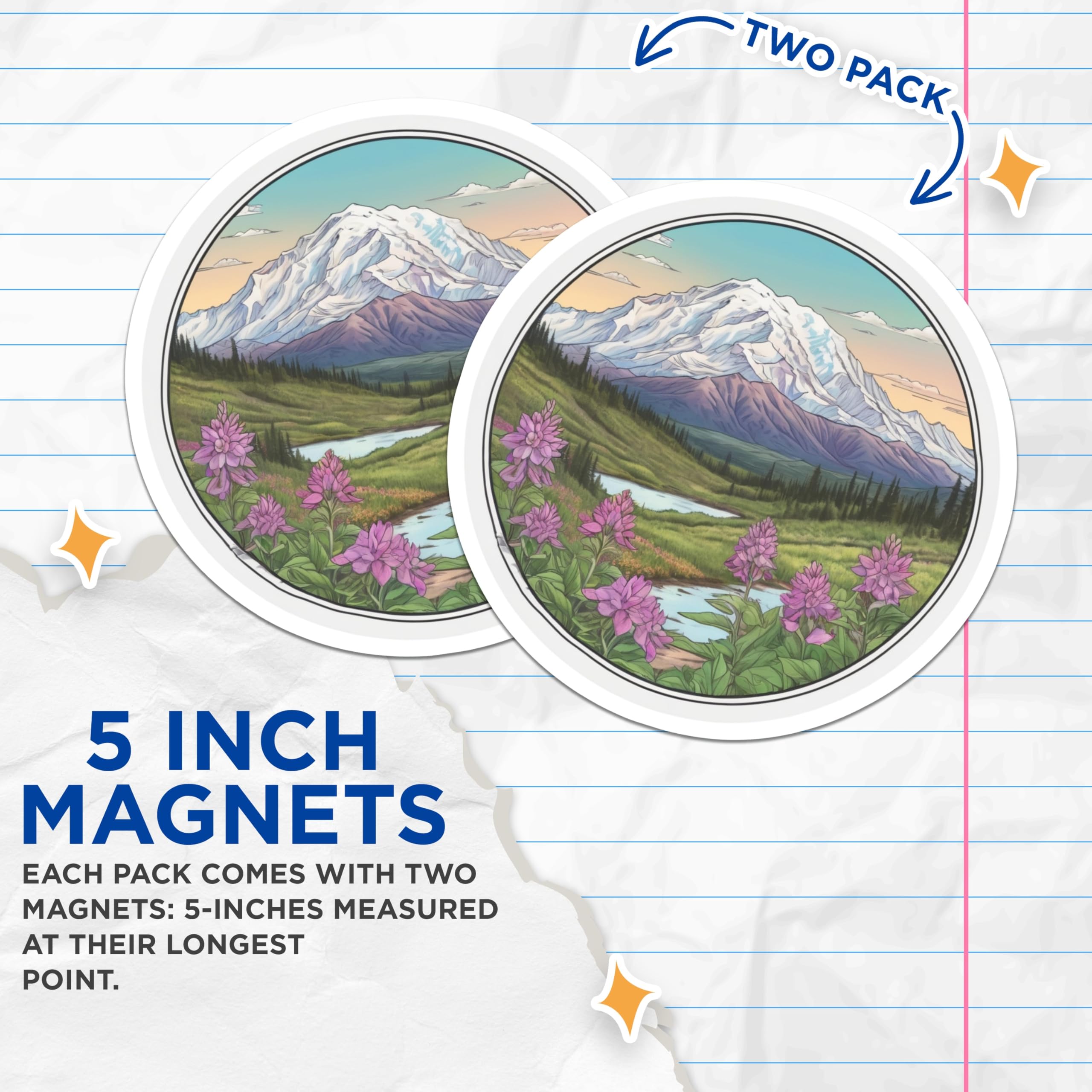 (2 Pack) Mount Denali Alaska Magnets - Purple Fireweed Art - Landscape Scenery Decor - 5" On Longest Side - Premium Magnet - for Cars, Refrigerators, Toolboxes, Lockers - Made in USA - MAG18056