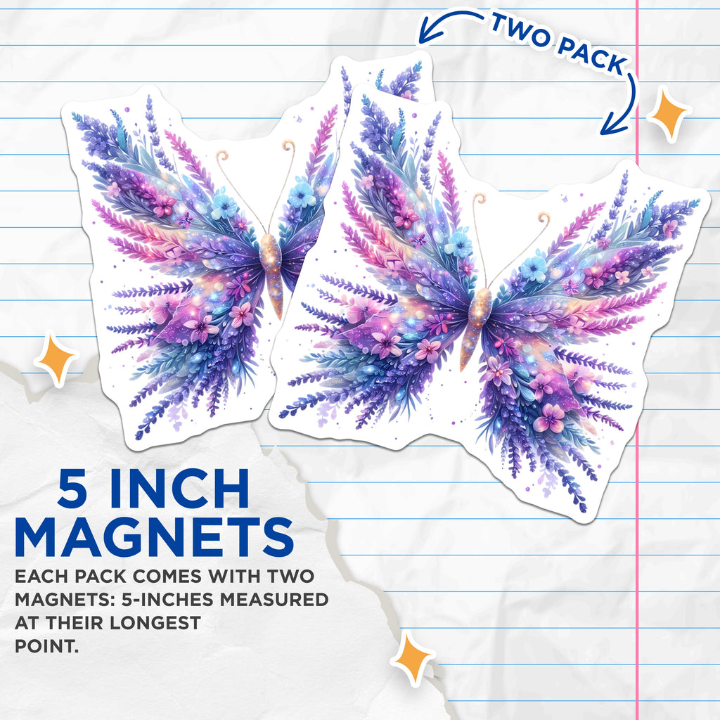 (2 Pack) Lavender Butterfly Magnets - Whimsical Floral Decor - Ethereal Pastel Aesthetic Fridge Art - 5 Inches On Longest Side - Thick Durable Magnet - Made in USA - MAG37076