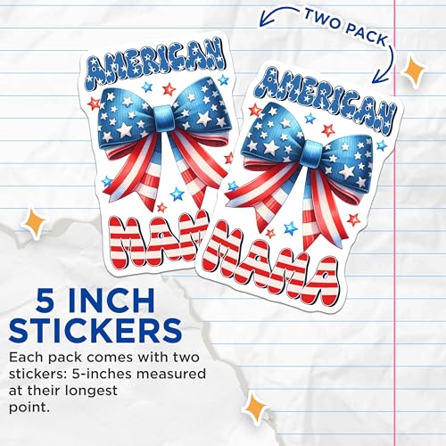 (2 Pack) American Mama Stickers - Patriotic Bow Design - Fourth of July Decor - 5" On Longest Side - Sticks to Smooth Flat Surfaces - Made in USA - BMCS7437