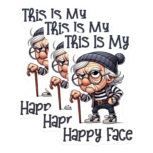 (3 Pack) This is My Happy Face Decals - Grumpy Old Man Sticker - Funny Elderly Decals - 3 Inches On Longest Side - Easy Peel & Apply - Made in USA - 3MCS7583