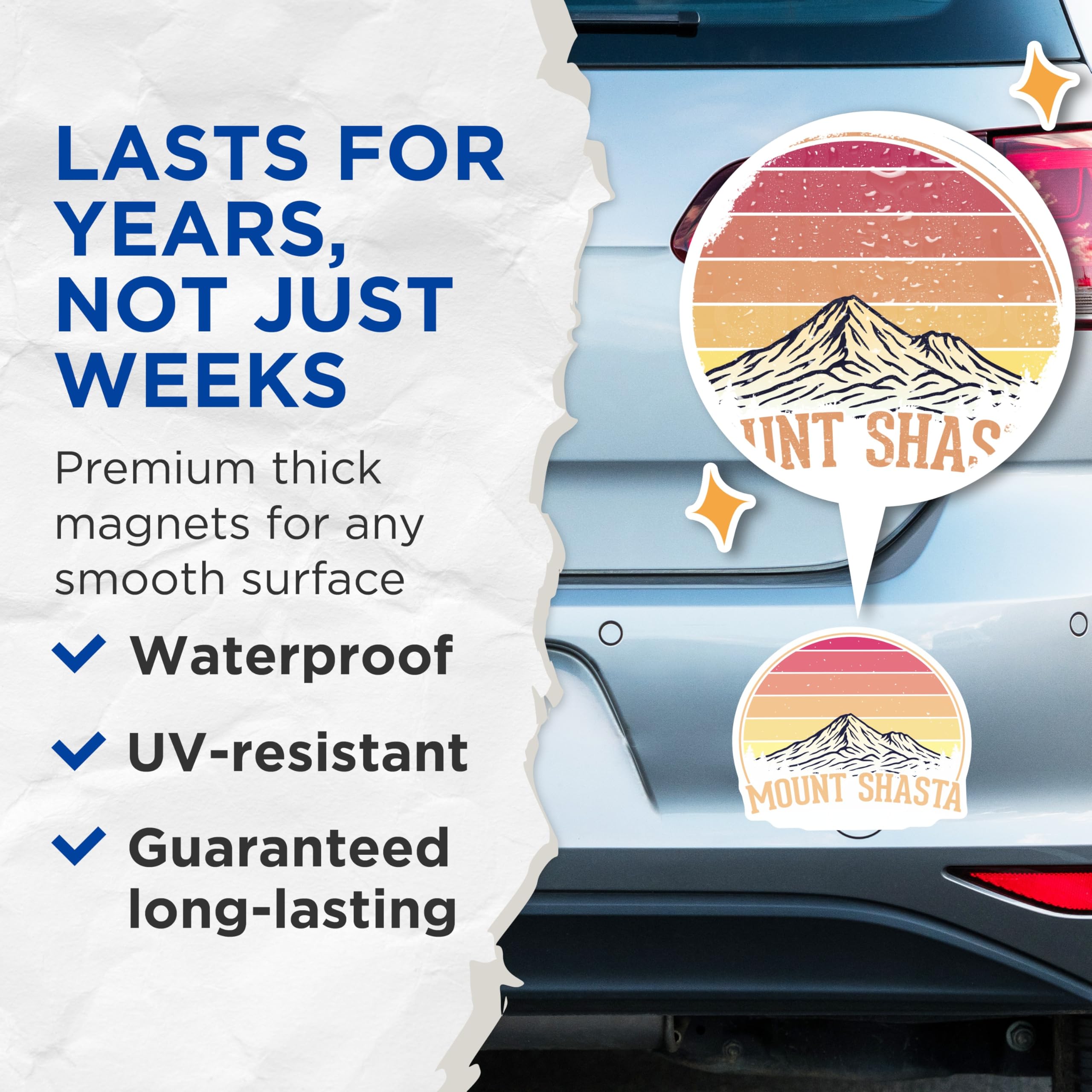 (2 Pack) Mount Shasta Magnets - California Travel - Retro Sunset Souvenir - 5" On Longest Side - Premium Magnet - for Cars, Refrigerators, Toolboxes, Lockers - Made in USA - MAG17890