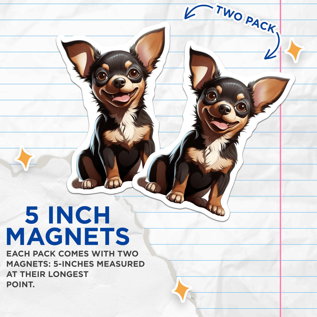 (2 Pack) Cute Chihuahua Puppy Magnets - Smiling Dog Cartoon - Pet Lover Refrigerator Decor - 5 Inches On Longest Side - Thick Durable Magnet - Made in USA - MAG29717