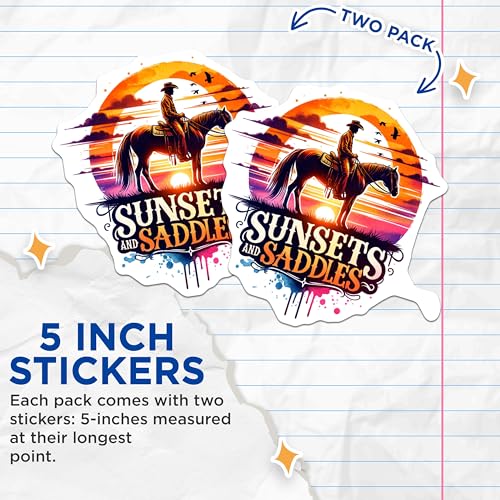 (2 Pack) Riding Horse Sunset Stickers - Cowboy on Horseback - Western Adventure Decals - 5" On Longest Side - Sticks to Smooth Flat Surfaces - Made in USA - BMCS7078