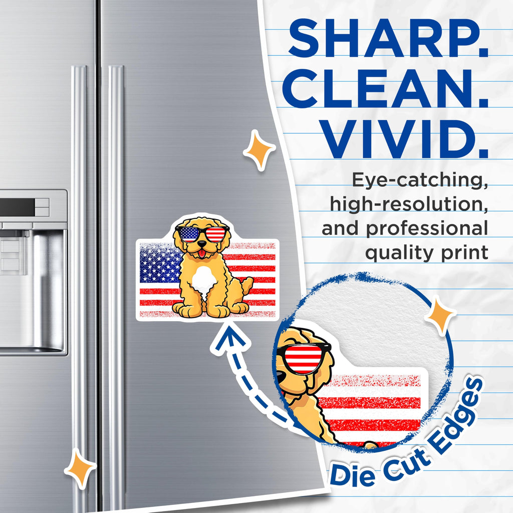 (2 Pack) Goldendoodle Patriotic Dog Magnets - USA Flag Sunglasses Puppy Decor - American Pet Lover Refrigerator Accessory - 5 Inches On Longest Side - Thick Durable Magnet - Made in USA - MAG24182