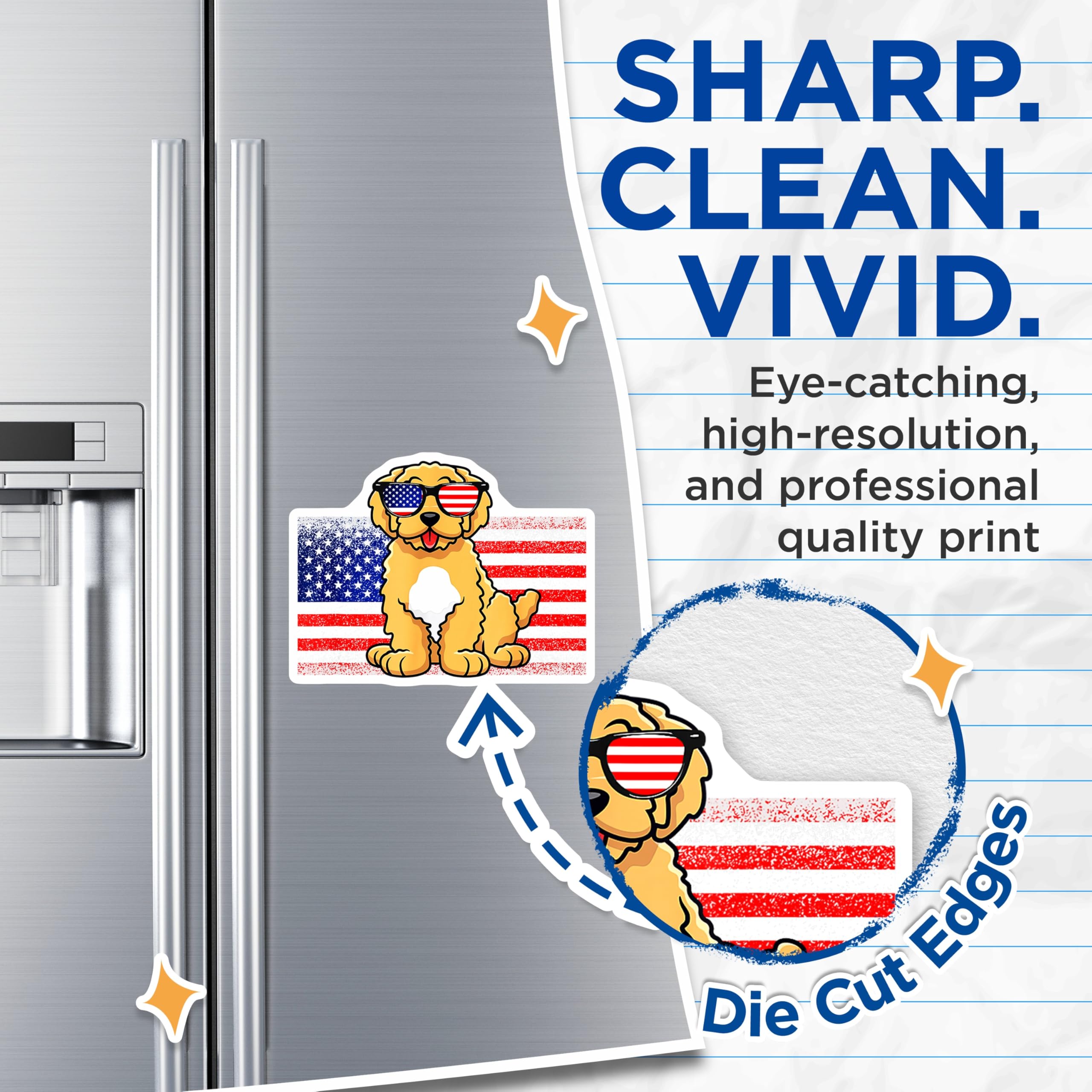 (2 Pack) Goldendoodle Patriotic Dog Magnets - USA Flag Sunglasses Puppy Decor - American Pet Lover Refrigerator Accessory - 5 Inches On Longest Side - Thick Durable Magnet - Made in USA - MAG24182