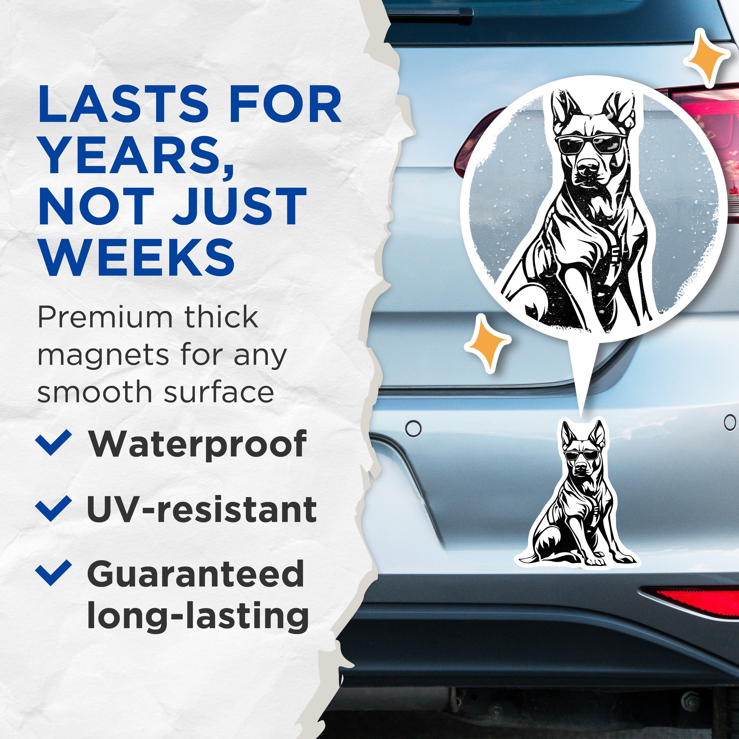 (2 Pack) Cool Dog with Sunglasses Magnets - German Shepherd Car Decals - Dog Lover Refrigerator Art - 5 Inches On Longest Side - Thick Durable Magnet - Made in USA - MAG37788