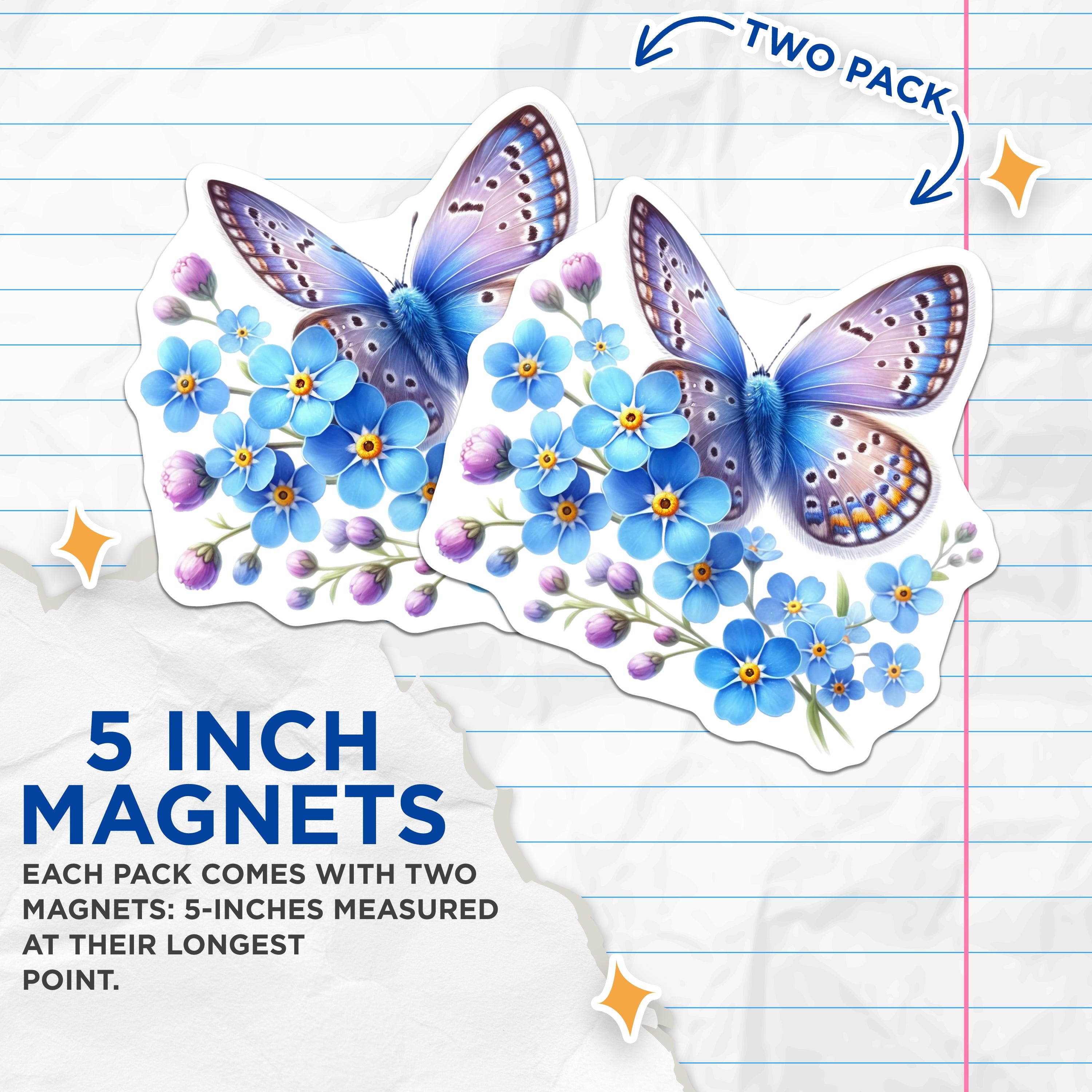 (2 Pack) Butterfly Forget Me Not Magnets - Spring Flower Decor - Nature Lover Kitchen Refrigerator Locker - 5 Inches On Longest Side - Thick Durable Magnet - Made in USA - MAG39432