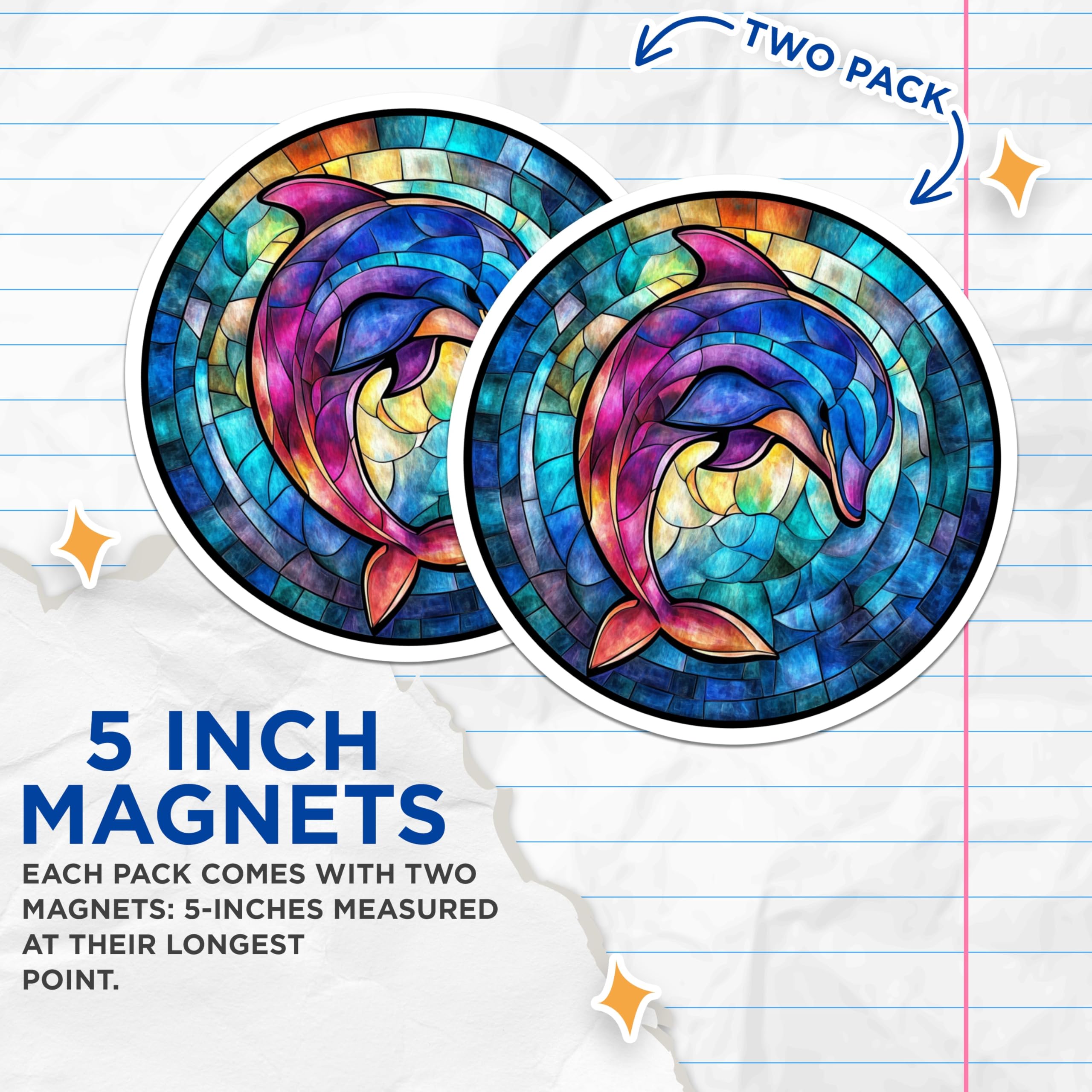 (2 Pack) Stained Glass Dolphin Magnets - Ocean Animal Art - Vibrant Marine Life Decor - Whimsical Sea Creature - 5 Inches On Longest Side - Thick Durable Magnet - Made in USA - MAG28969