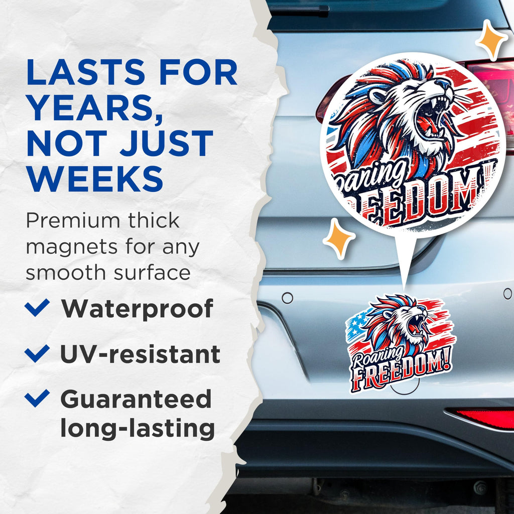 (2 Pack) Roaring Freedom Magnets - Patriotic Lion Magnets - American Flag Magnets- 5" On Longest Side - for Fridges, Toolboxes, Cars - Made in USA - MAG2714