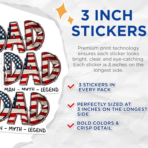 (3 Pack) Dad Man Myth Legend Decals - American Flag Dad - Patriotic Decals - 3 Inches On Longest Side - Easy Peel & Apply - Made in USA - 3MCS6260
