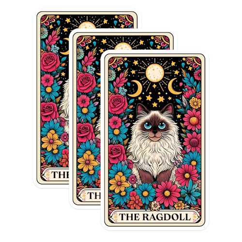 (3 Pack) Ragdoll Cat Decals - Floral Cat - Tarot Card Stickers - 3 Inches On Longest Side - Easy Peel & Apply - Made in USA - 3MCS0117