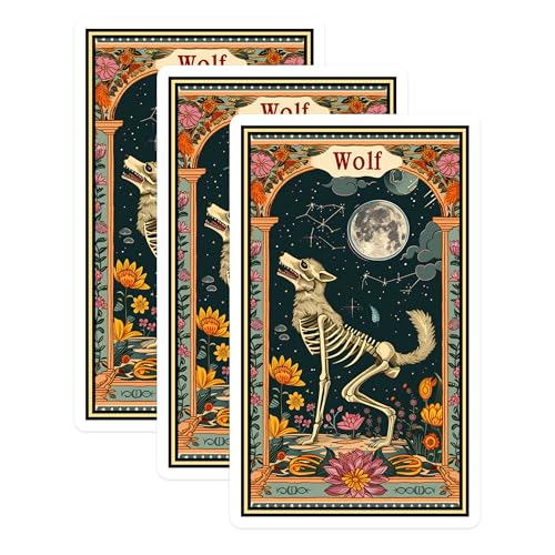 (3 Pack) Wolf Decals - Skeleton Dog - Floral Moon Design - 3 Inches On Longest Side - Easy Peel & Apply - Made in USA - 3MCS2434