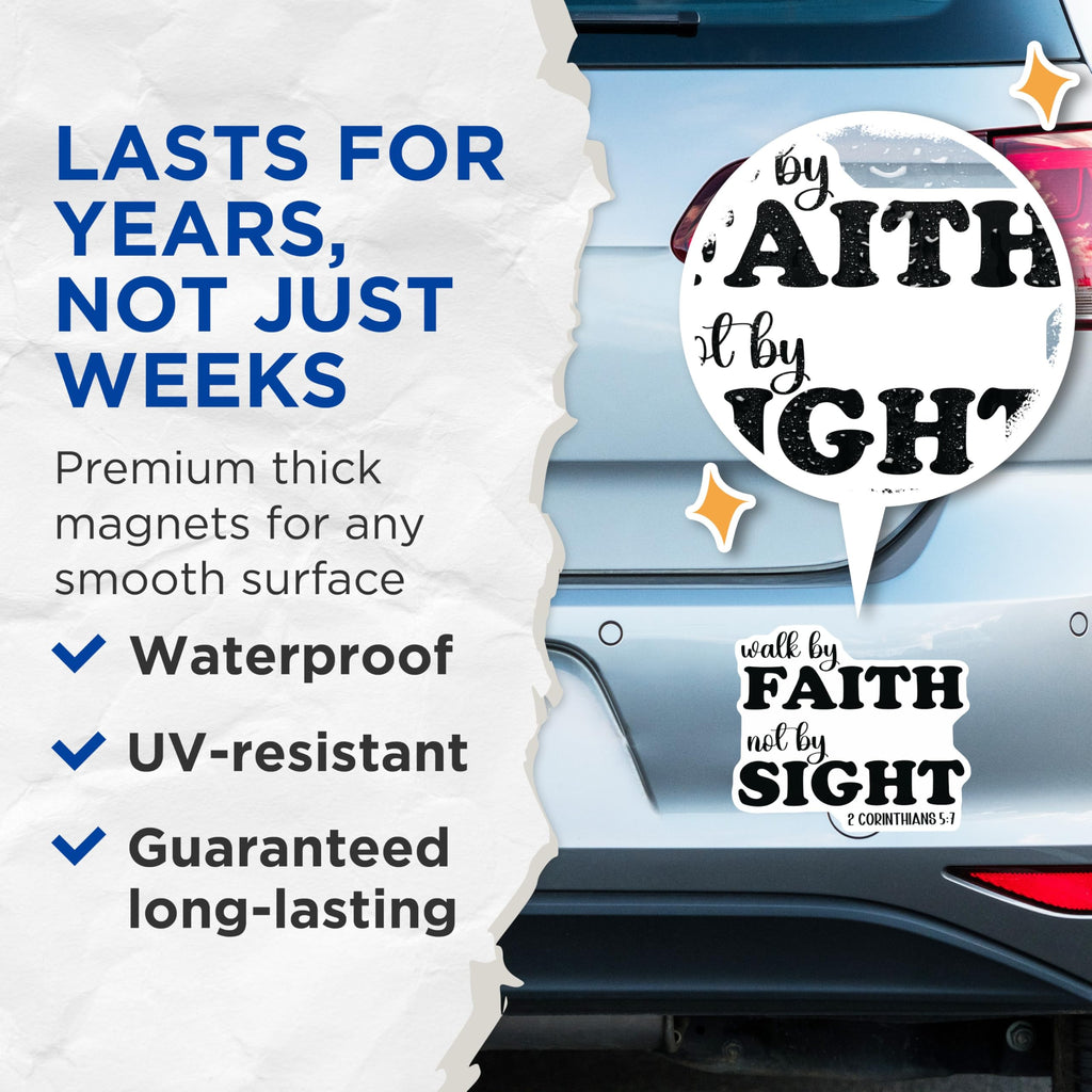 (2 Pack) Walk By Faith Not By Sight Magnets - 2 Corinthians 5:7 Quote - Christian Religious Decor - 5 Inches On Longest Side - Thick Durable Magnet - Made in USA - MAG29615