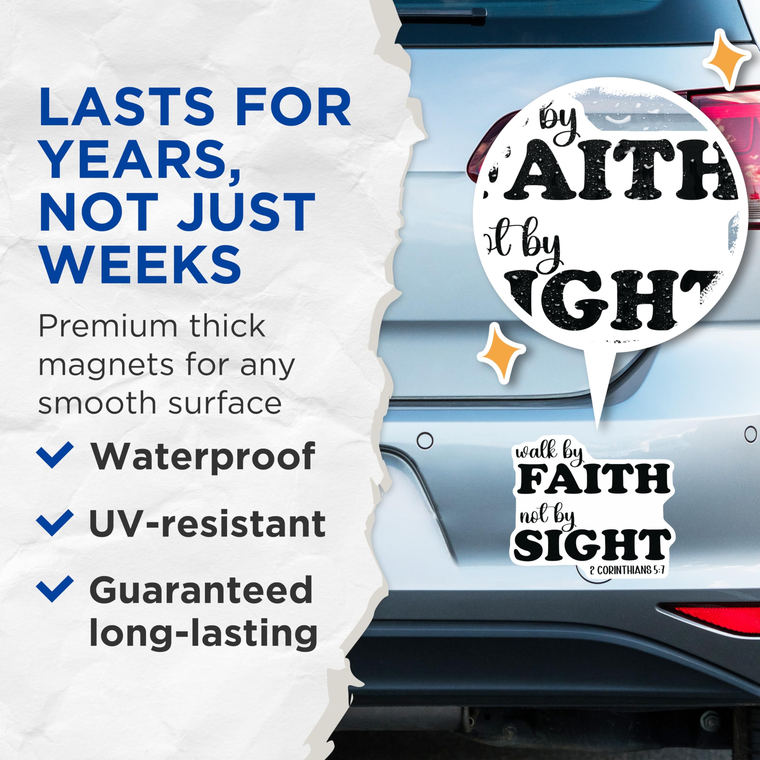 (2 Pack) Walk By Faith Not By Sight Magnets - 2 Corinthians 5:7 Quote - Christian Religious Decor - 5 Inches On Longest Side - Thick Durable Magnet - Made in USA - MAG29615