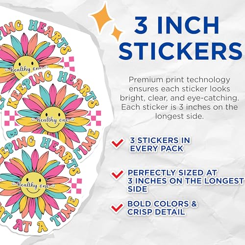 (3 Pack) Healthy One Decals - Keeping Hearts Beat - Retro Flower Decals - 3 Inches On Longest Side - Easy Peel & Apply - Made in USA - 3MCS7898
