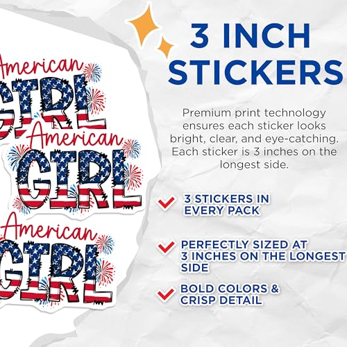 (3 Pack) American Girl Decals - Patriotic Decal - July 4th Decal - 3 Inches On Longest Side - Easy Peel & Apply - Made in USA - 3MCS6211