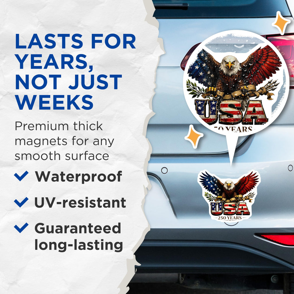 (2 Pack) USA Eagle Magnets - Patriotic Flag Decor - 250 Years Commemorative Item - 5 Inches On Longest Side - Thick Durable Magnet - Made in USA - MAG26304