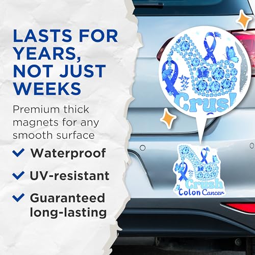 (2 Pack) Crush Colon Cancer Magnets - Blue Butterfly Awareness Magnets - High Heels Cancer Support - 5" On Longest Side - for Cars, Refrigerators, Toolboxes, Lockers - Made in USA BMCS3396