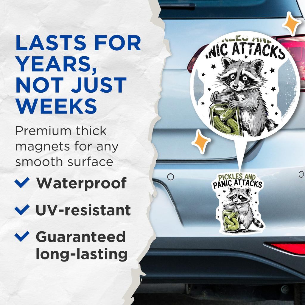 (2 Pack) Raccoon Pickles Panic Magnets - Funny Animal Meme Fridge Decor - Anxiety Humor Kitchen Accent - 5 Inches On Longest Side - Thick Durable Magnet - Made in USA - MAG23087