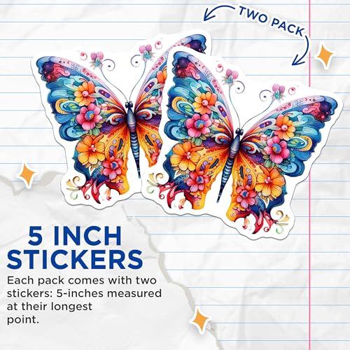 (2 Pack) Butterfly Art Stickers - Colorful Butterfly Stickers - Nature Inspired Stickers - Floral Butterfly Design - 5" On Longest Side - Sticks to Smooth Flat Surfaces - Made in USA - BMCS3712