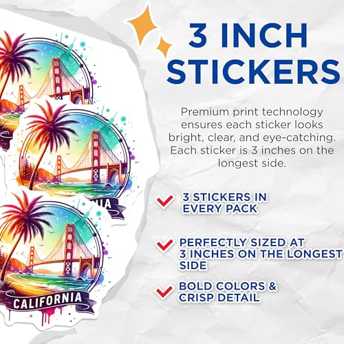 (3 Pack) California Decals - Golden Gate Bridge - Laptop Decals- 3 Inches On Longest Side - Easy Peel & Apply - Made in USA - 3MCS5670