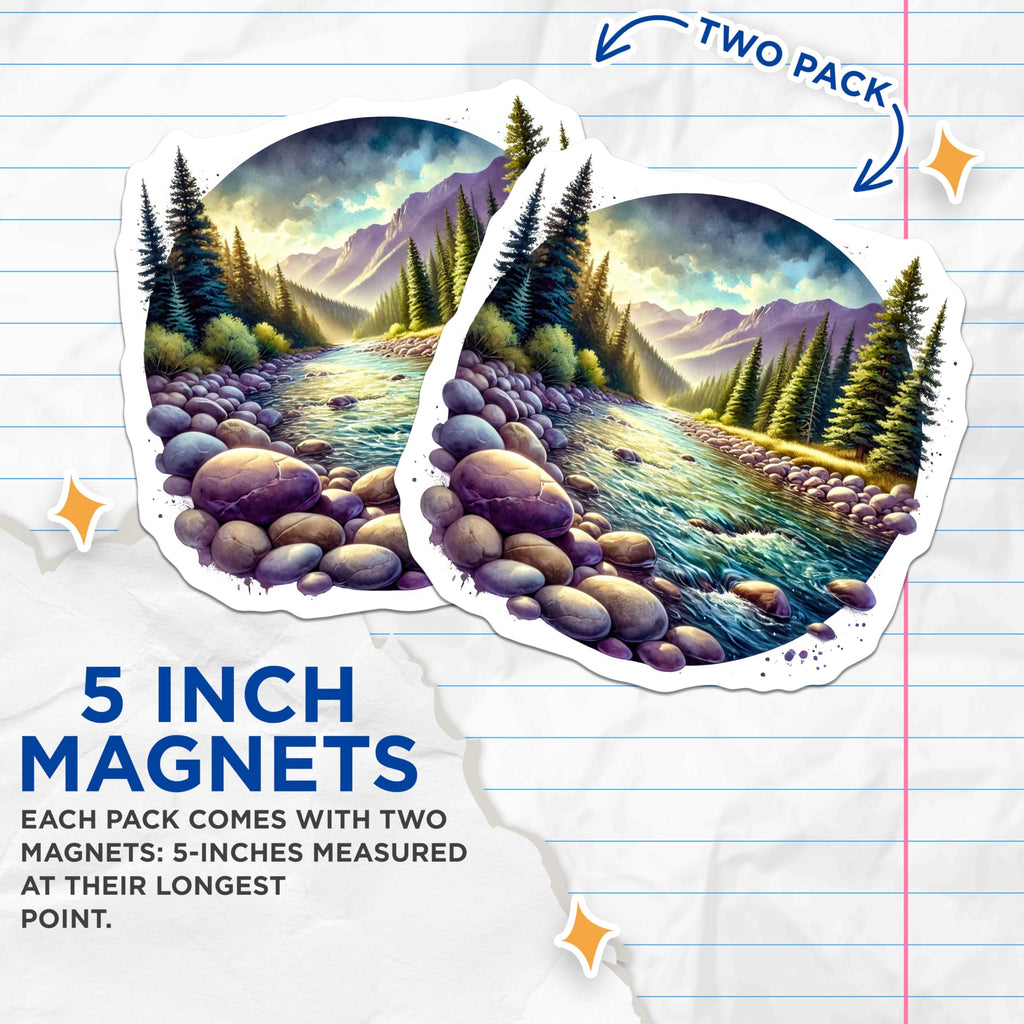 (2 Pack) River Scenery Magnets - Mountain Stream Decor - Nature Illustration Fridge Magnets - 5" On Longest Side - Premium Magnet - for Cars, Refrigerators, Toolboxes, Lockers - Made in USA - MAG18792