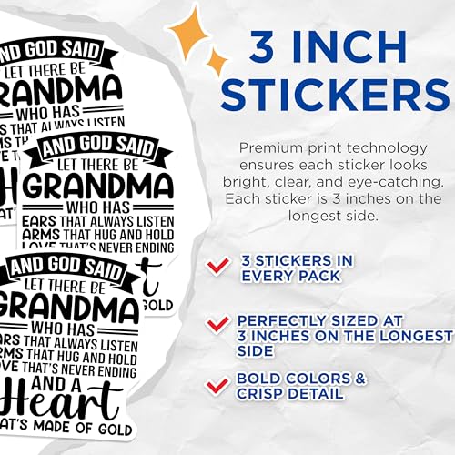 (3 Pack) Grandma Decals - Grandma Who Has Ears That Always Listen Decal - Grandma Heart Made of Gold Decals - 3 Inches On Longest Side - Easy Peel & Apply - Made in USA - 3MCS4446