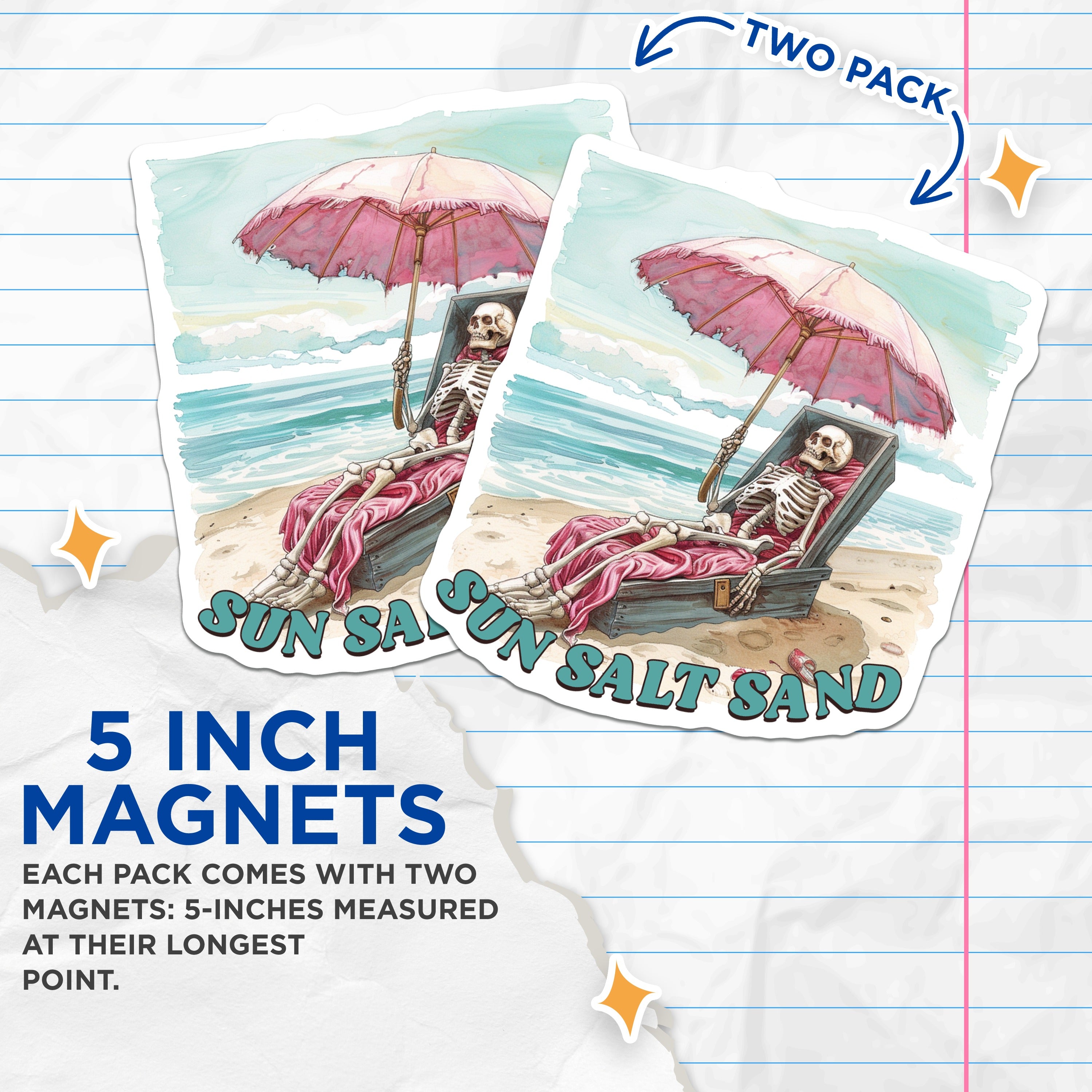 (2 Pack) Skeleton Beach Magnets - Funny Summer Goth Decor - Macabre Humor Fridge - 5 Inches On Longest Side - Thick Durable Magnet - Made in USA - MAG36542