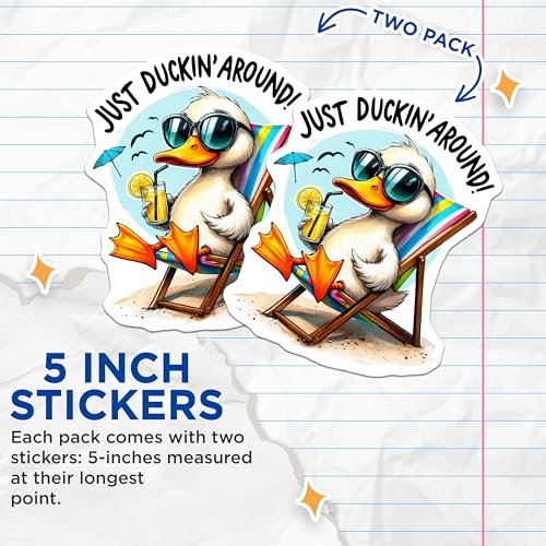 (2 Pack) Just Duckin Around Stickers - Duck Meme Sticker - Funny Duck with Sunglasses Sticker - 5" On Longest Side - Sticks to Smooth Flat Surfaces - Made in USA - BMCS6336