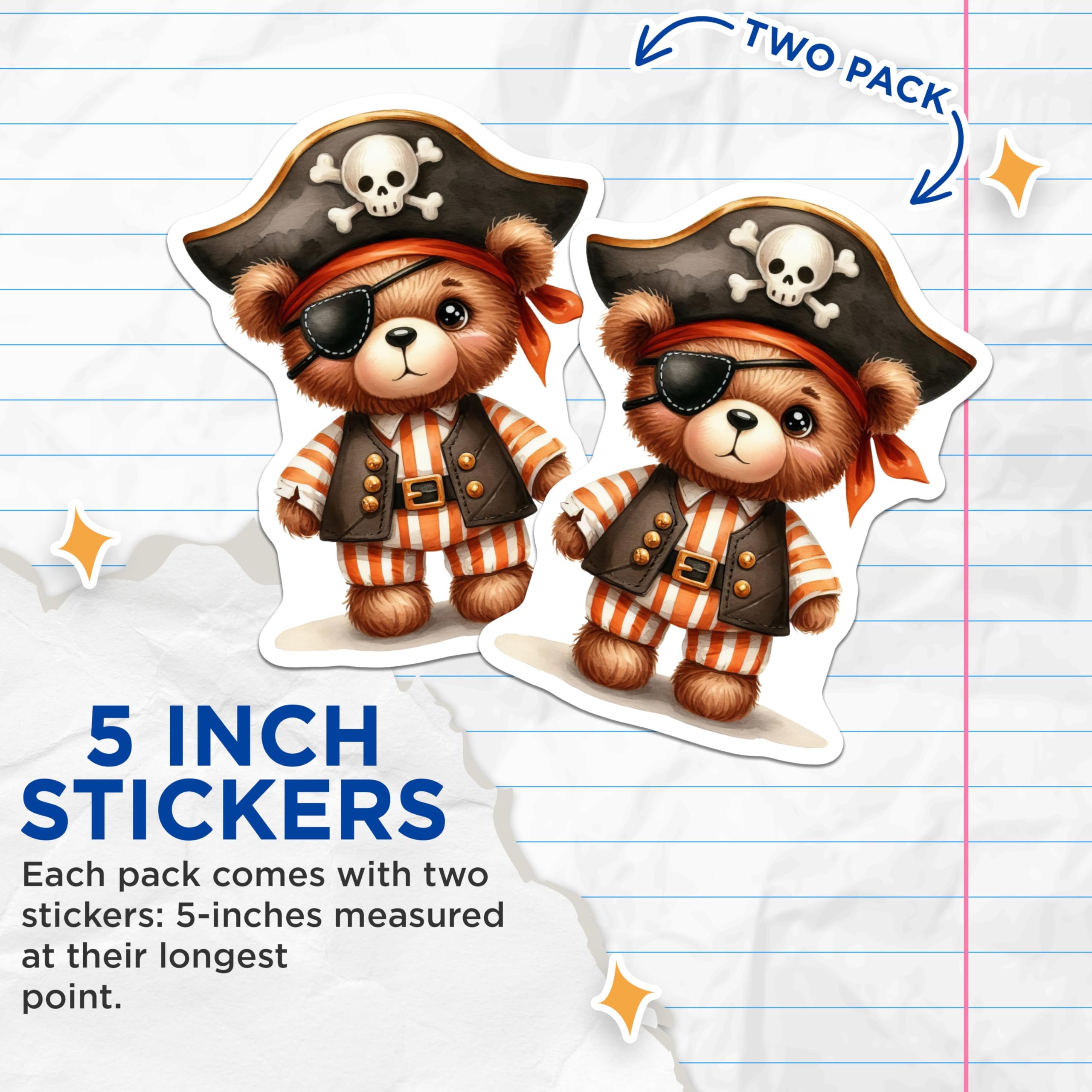 (2 Pack) Pirate Bear Stickers - Cute Bear Sticker - Kawaii Eye Patch Decal - 5" On Longest Side - Sticks to Smooth Flat Surfaces - Made in USA - BMCS6779