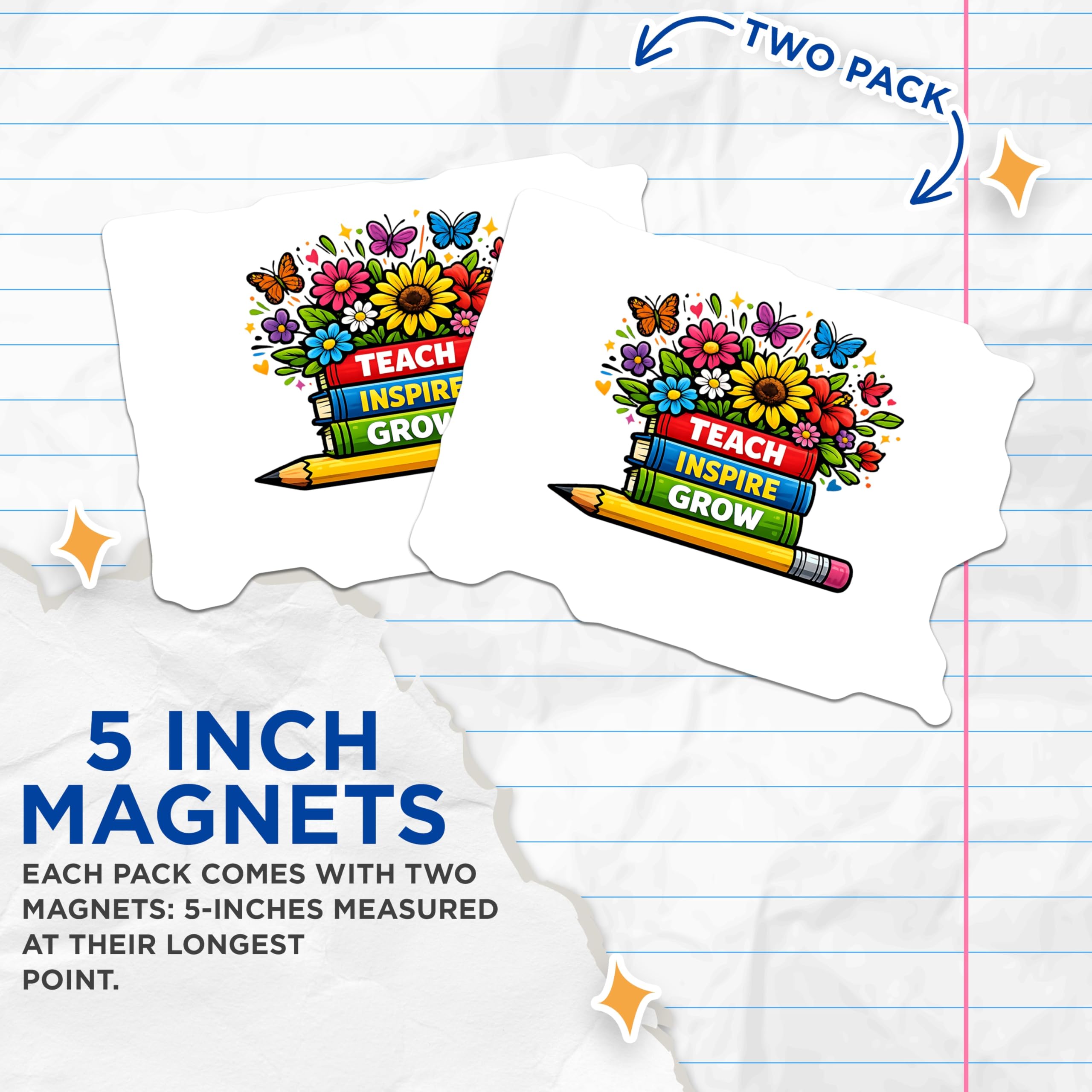 (2 Pack) Educator Inspiration Magnets - Teach Inspire Grow Books Pencil Art - Vibrant Classroom Refrigerator Decor - 5 Inches On Longest Side - Thick Durable Magnet - Made in USA - MAG21809
