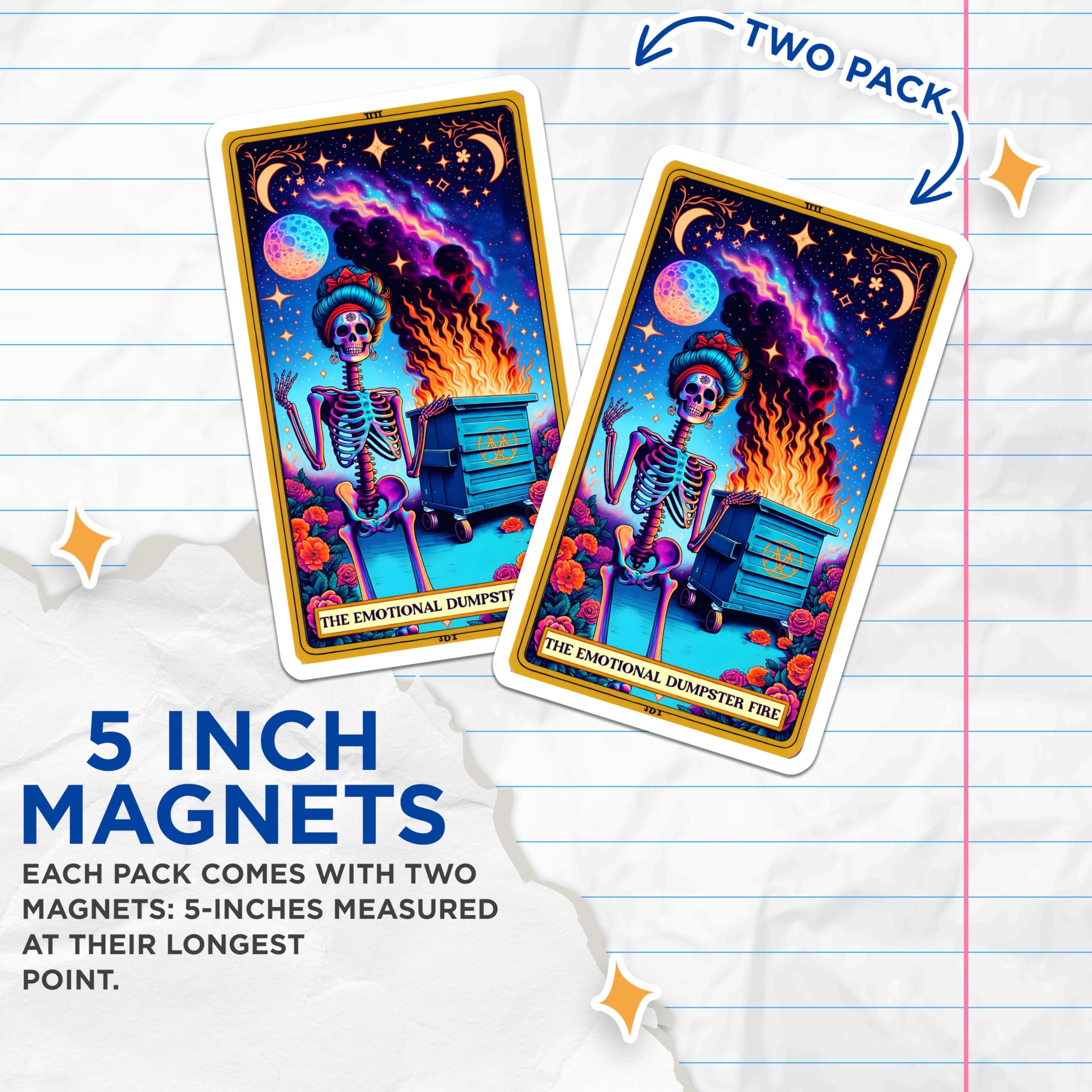 (2 Pack) Emotional Dumpster Fire Magnets - Skeleton Tarot Card Art - Humorous Cosmic Decor - 5 Inches On Longest Side - Thick Durable Magnet - Made in USA - MAG23026