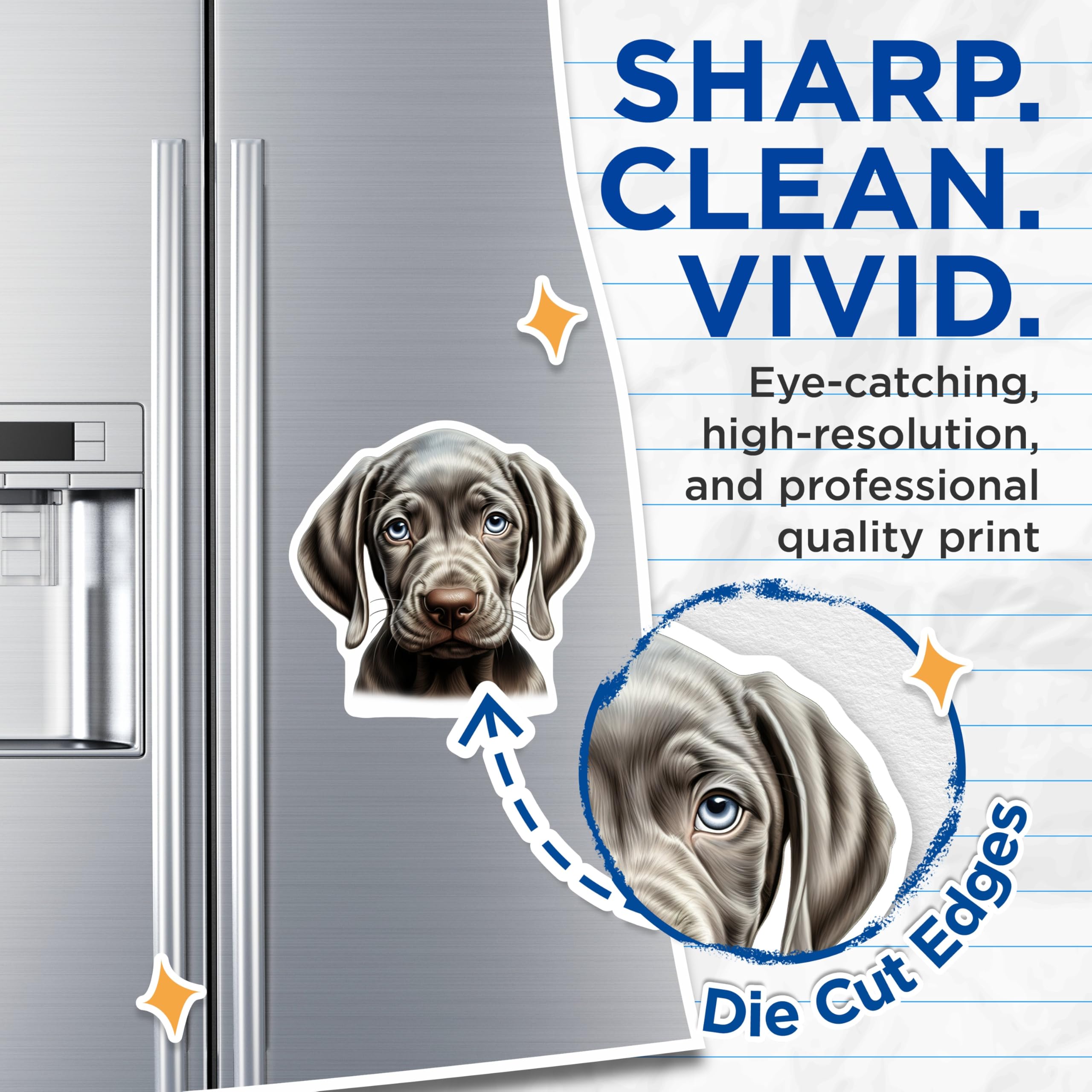 (2 Pack) Weimaraner Puppy Magnets - Adorable Blue Eyed Dog Decor - Unique Canine Art Refrigerator Kitchen Locker Accent - 5 Inches On Longest Side - Thick Durable Magnet - Made in USA - MAG23757