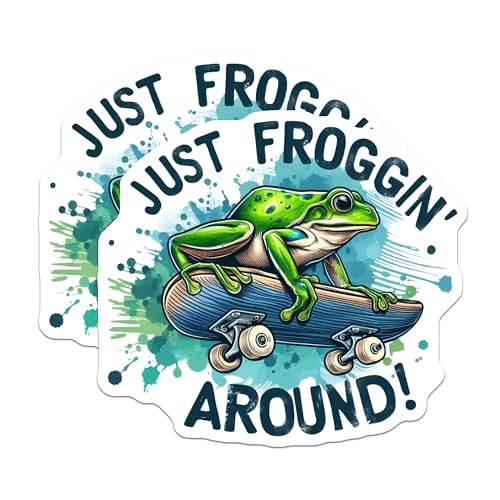(2 Pack) Just Froggin Around Stickers - Funny Frog Skateboarding Stickers - Cute Animal Stickers - 5" On Longest Side - Sticks to Smooth Flat Surfaces - Made in USA - BMCS4580