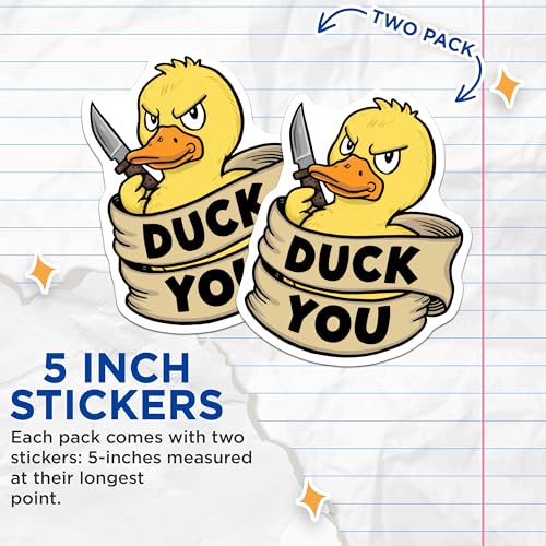 (2 Pack) Duck You Stickers - Funny Duck Decal - Humorous Animal Sticker - 5" On Longest Side - Sticks to Smooth Flat Surfaces - Made in USA - BMCS9525