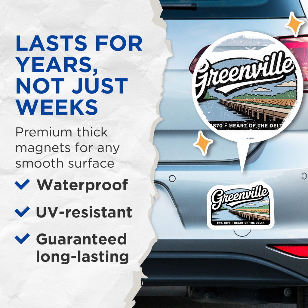 (2 Pack) Greenville Magnets - Mississippi Delta - Established 1870 Fridge Decor - 5" On Longest Side - Premium Magnet - for Cars, Refrigerators, Toolboxes, Lockers - Made in USA - MAG18235